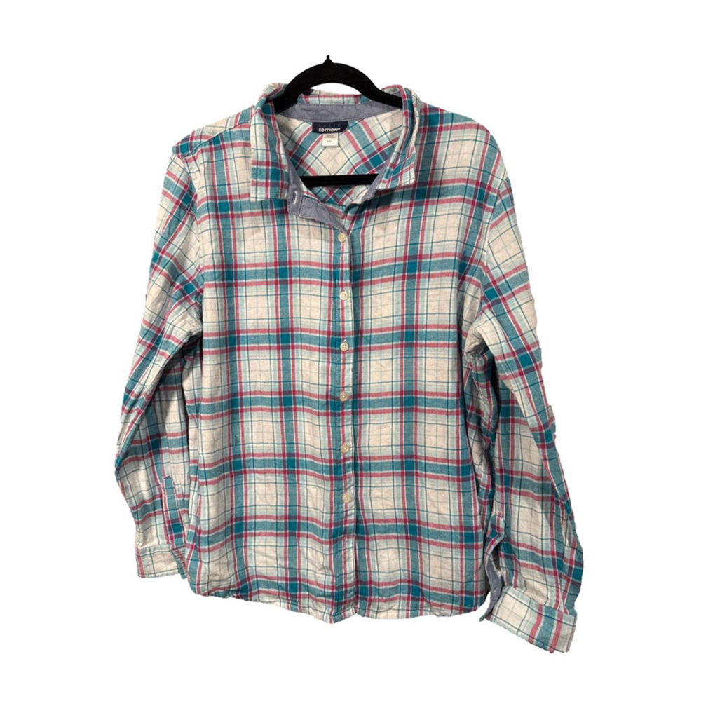 Basic Editions Cream Teal Pink Plaid Flannel Button Down Shirt XXL